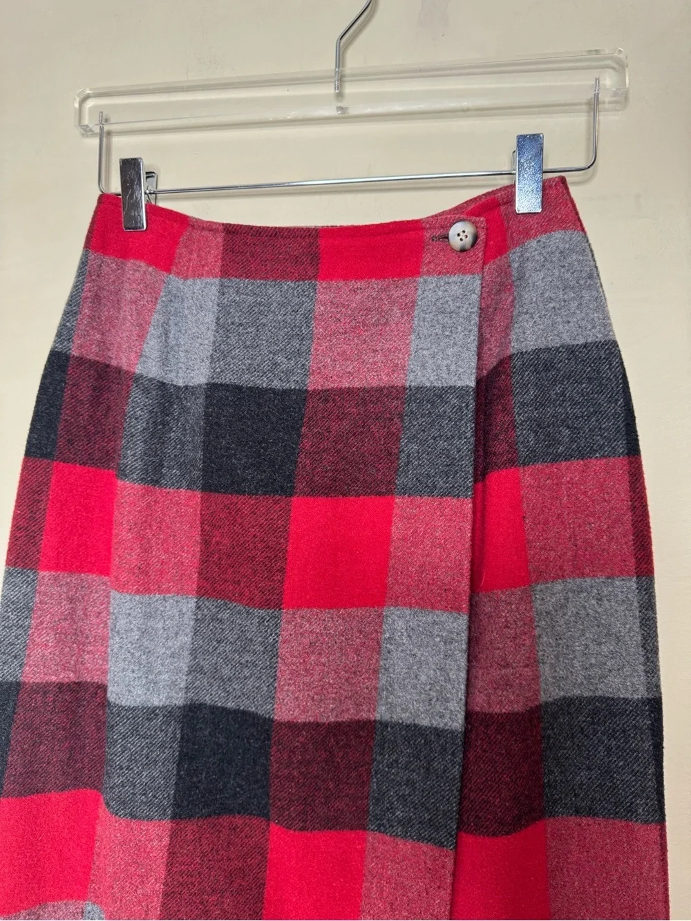 Vintage Old Navy Plaid Wool Blend Wrap Midi Skirt Size 4 Red Gray Black